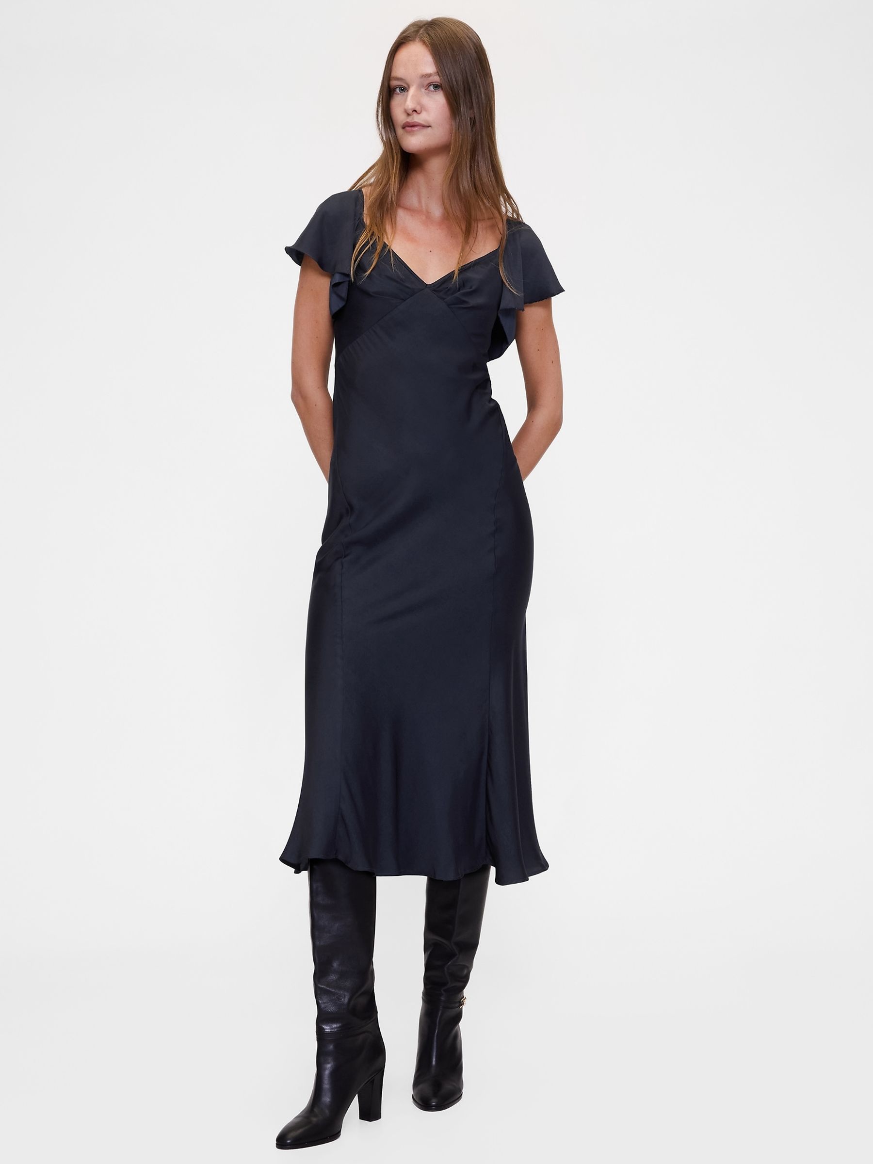 Gapstudio Navy Blue Satin Sweetheart Neckline Midi Dress