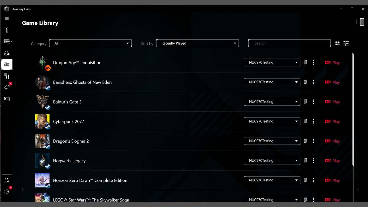 ASUS ROG NUC 970 Armoury Crate game list.
