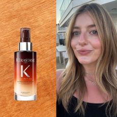 brown wood background with two hair products, a serum and a multi styler, and a girl wiht blonde hair in a black tank top