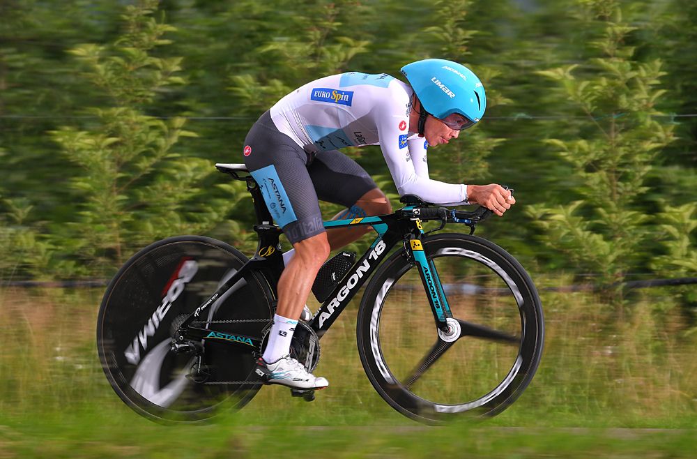 Best young rider Miguel Angel Lopez (Astana) during the stage 16 time trial at the Giro d'Italia