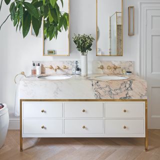 bathroom with double vanity and two undercounted basins