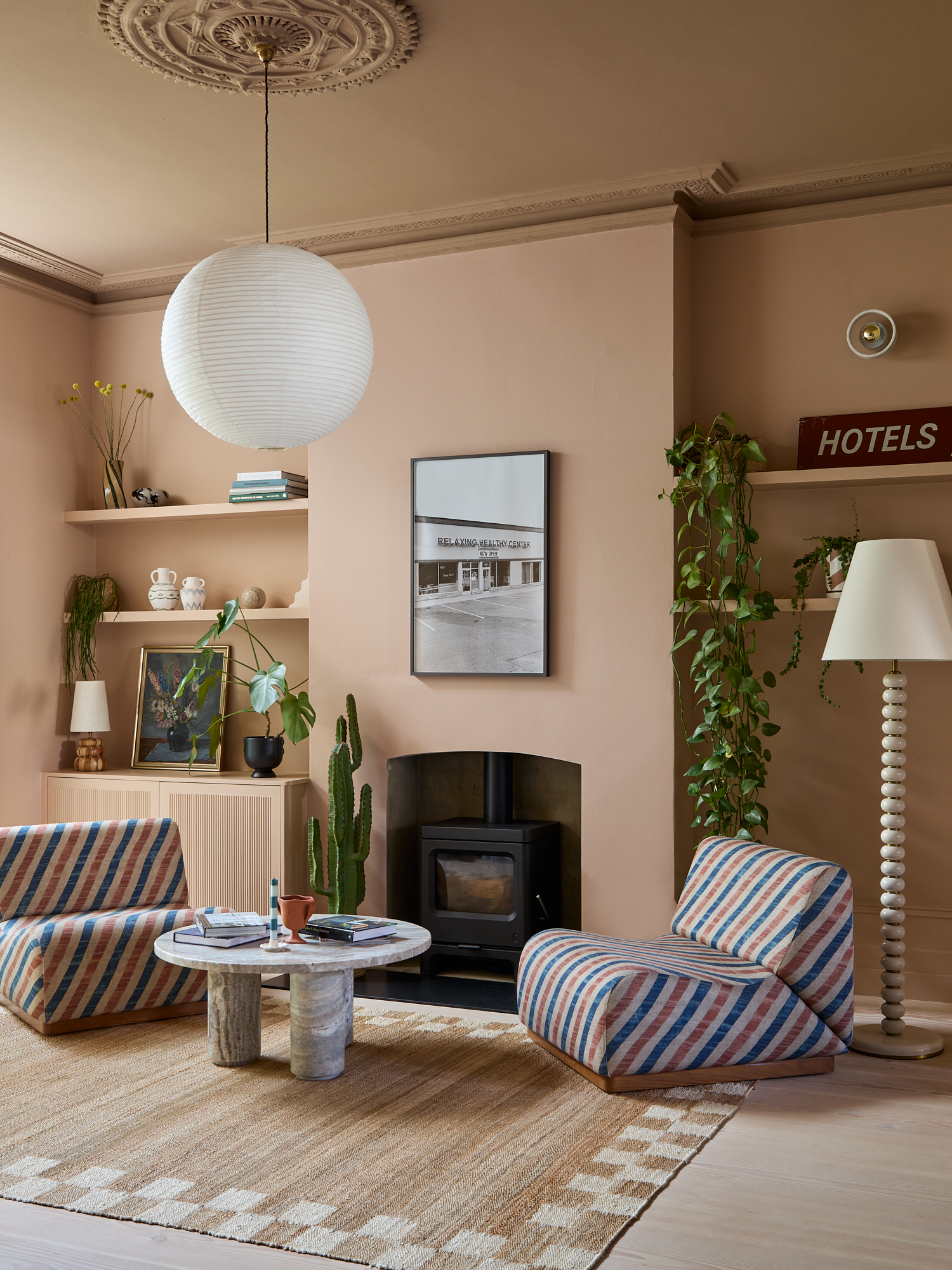 A contemporary seating area decorated in a characterful way