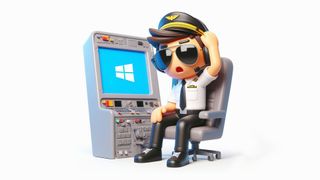 A rendering of an aircraft copilot confused at a Windows screen on his computer console