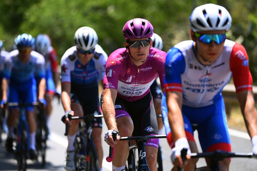 SCALEA ITALY MAY 12 Arnaud Demare of France and Team Groupama FDJ Purple Points Jersey competes during the 105th Giro dItalia 2022 Stage 6 a 192km stage from Palmi to Scalea Giro WorldTour on May 12 2022 in Scalea Italy Photo by Tim de WaeleGetty Images