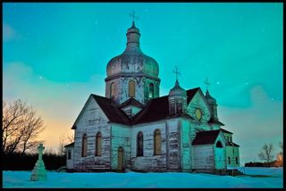 Aurora and Spaca Moskalyk Church in Alberta, Canada