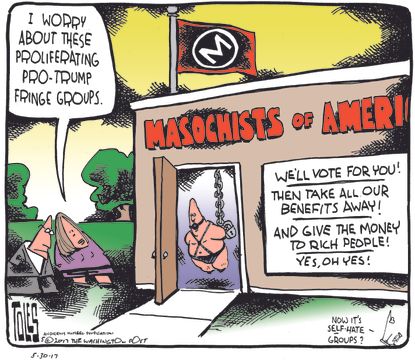 Political cartoon U.S. Trump supporters masochism