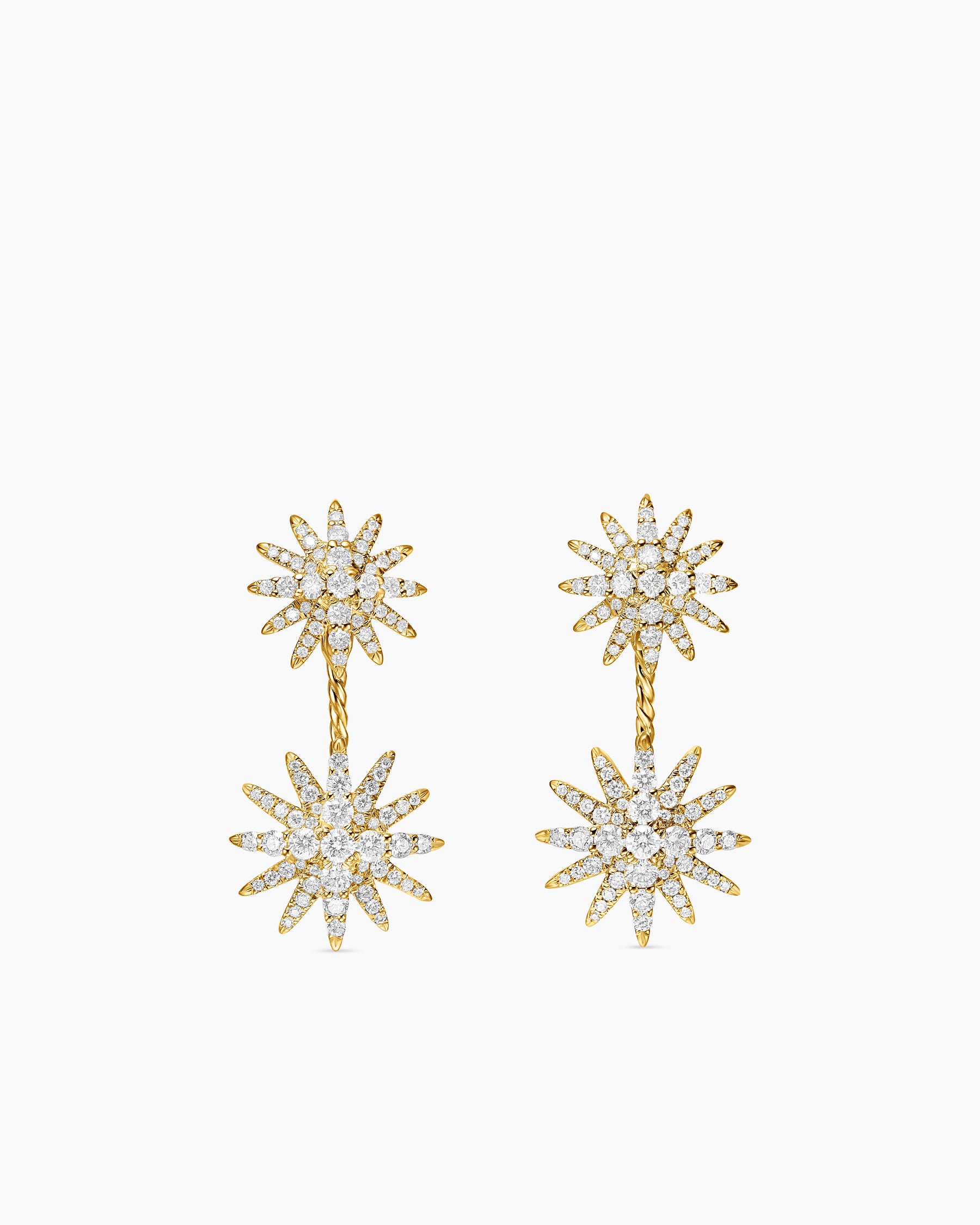 Starburst Double Drop Earrings in 18k Yellow Gold With Diamonds, 32.5mm