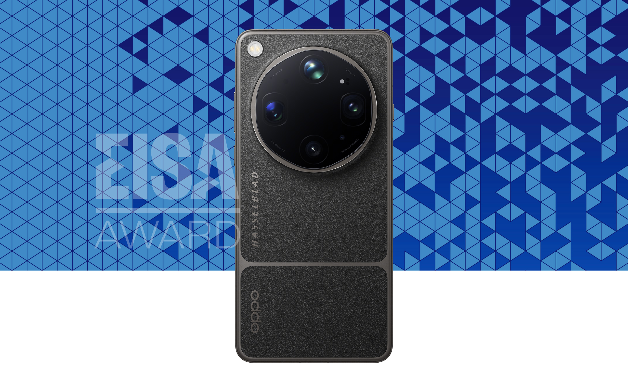 Rear view of a black Oppo smartphone with a large circular Hasselblad camera module, set against a blue geometric EISA Awards backdrop