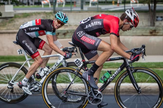 Ben King (RadioShack Leopard) looks on as Carson Miller (Jamis-Hagens Berman) takes a pull in the break.