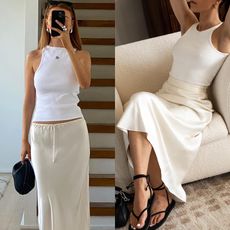 fashion collage featuring two style influencers Orlaith Melia and Jessica Skye wearing white tank tops and ivory white slip skirts