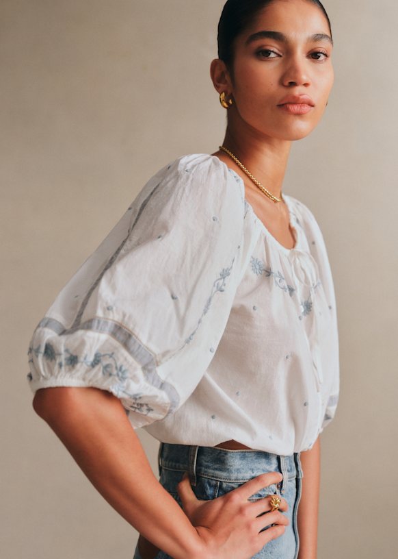 Camelia Shirt - Ecru With Blue Embroidery - Organic Cotton - S&eacute;zane
