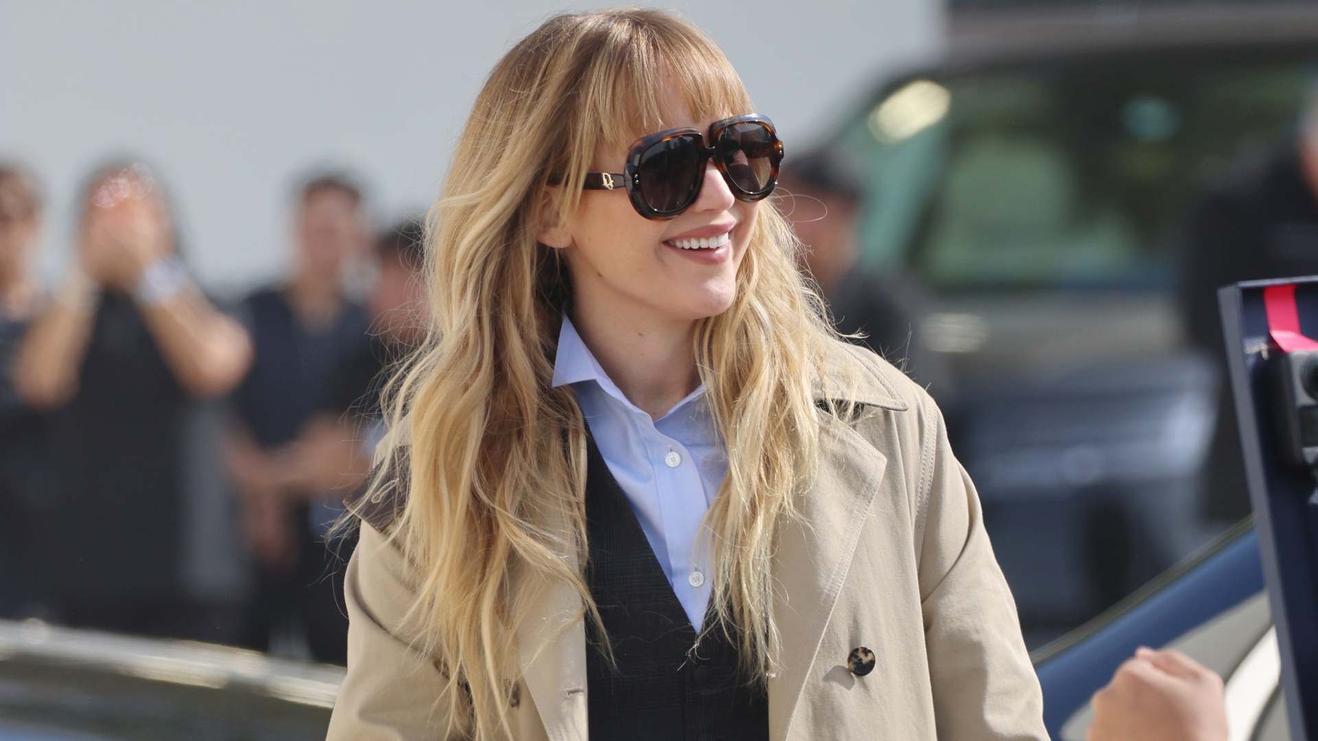 Jennifer Lawrence wore her The Row Beyza Coat with Blundstone clogs and a leopard print hat