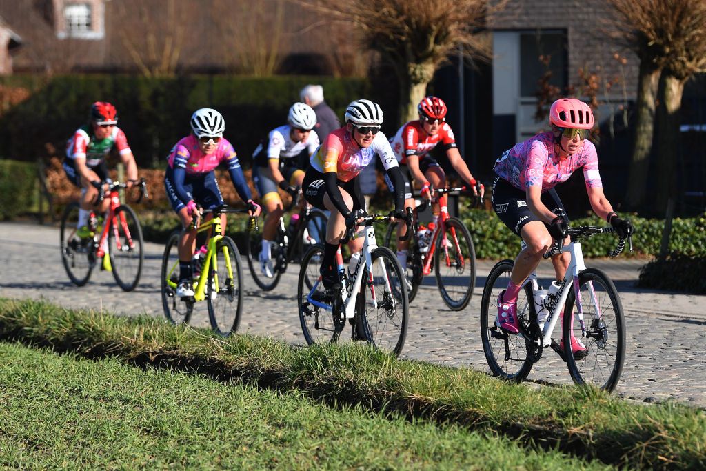 NINOVE BELGIUM FEBRUARY 26 Emily Newsom of United States and Team EF Education Tibco Svb R competes during the 17th Omloop Het Nieuwsblad 2022 Womens Race a 128km race from Ghent to Ninove OHN22 FlandersClassic WorldTour on February 26 2022 in Ninove Belgium Photo by Luc ClaessenGetty Images