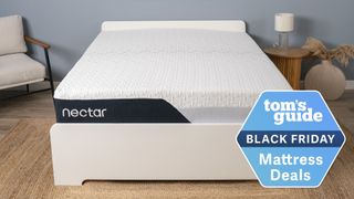 The Nectar Classic Memory Foam Mattress on a bed frame in a bedroom, a Tom&#039;s Guide Black Friday mattress deals graphic (right)