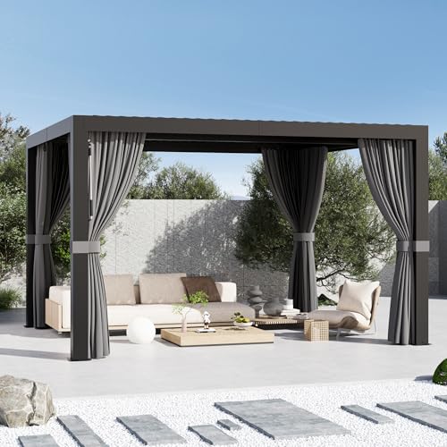 Modern Shade Louvered Pergola 3 X 3.6m With Usb Charging Port Deck, Outdoor Pergola With Integrated Drainage, Netting and Curtains for Patio Deck Garden, Easy Assembly, Black