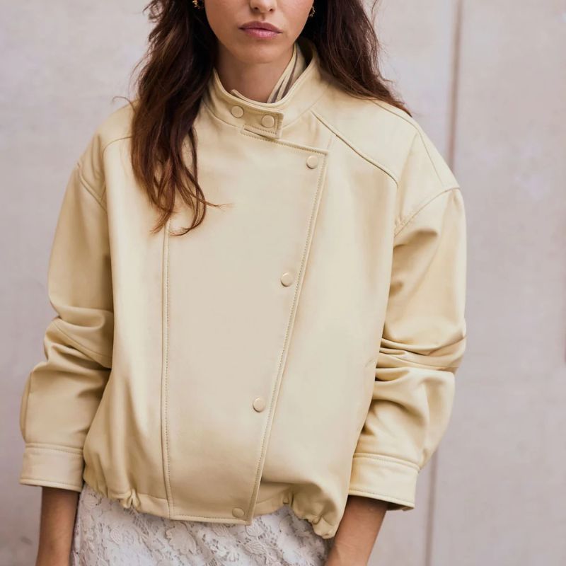 Butter Yellow Leather Cropped Pilot Bomber Jacket