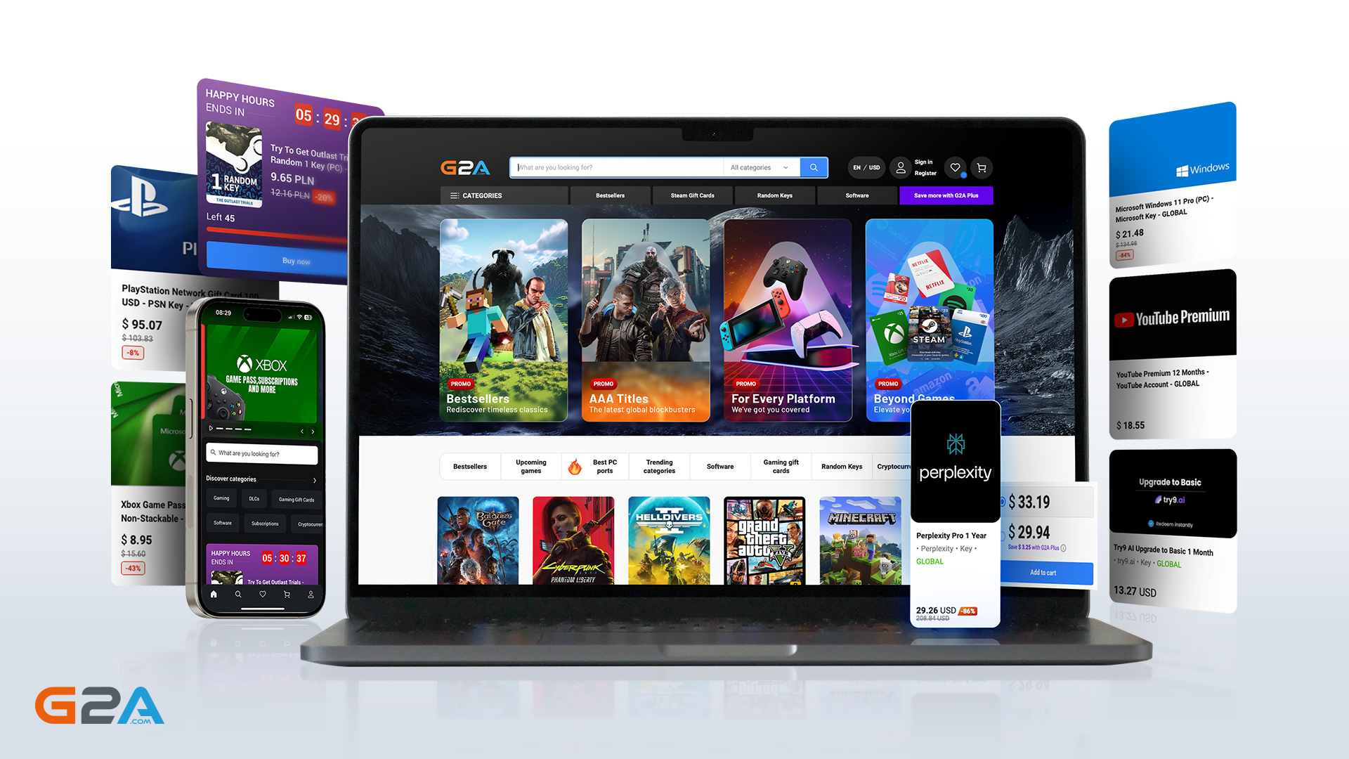 A laptop featuring offerings from G2A.COM