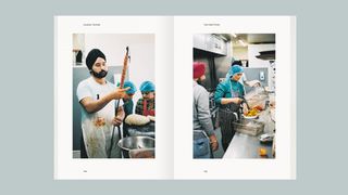 Two images of people cooking in a professional kitchen