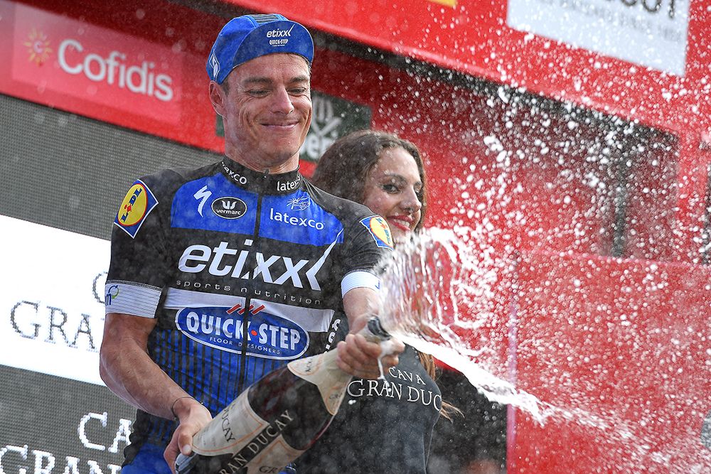 Gianni Meersman celebrates on the stage 5 podium.