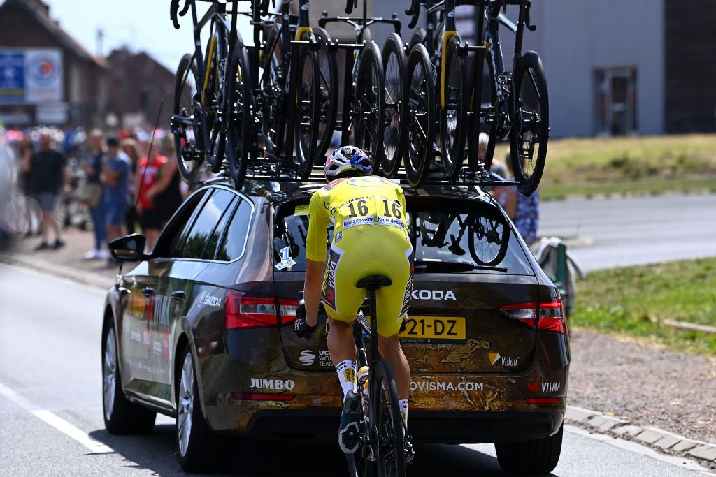 WALLERS FRANCE JULY 06 Wout Van Aert of Belgium and Team Jumbo Visma Yellow Leader Jersey dropped from the peloton after being involved in a crash during to the 109th Tour de France 2022 Stage 5 a 157km stage from Lille to WallersArenberg TDF2022 WorldTour on July 06 2022 in Wallers France Photo by Tim de WaeleGetty Images