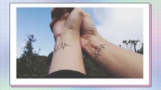 couple with matching heartbeat tattoos on their wrists, one of the best tattoo ideas for couples, against a blue and purple square background