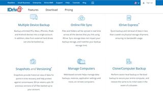 IDrive's webpage discussing its backup features