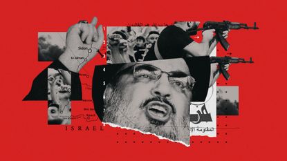 Illustration of Hezbollah leader Hassan Nasrallah, militants with rifles, a map of Lebanon and Lebanese supporters marching