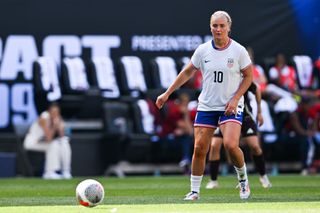 United States women Olympics 2024 squad Lindsey Horan #10 of the United States passes the ball during a game between Mexico and USWNT at Red Bull Arena on July 13, 2024 in Harrison, New Jersey. (Photo by Stephen Nadler/ISI Photos/USSF/Getty Images for USSF)