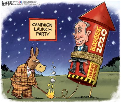 Political Cartoon U.S. Democrats Bloomberg Rocket Launch Party