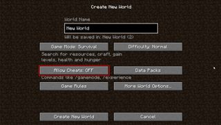 Minecraft cheats: an image of the the cheat button in world creation