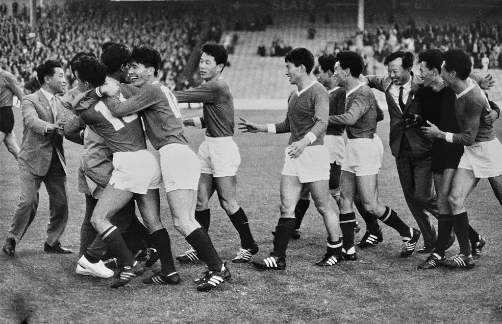 North Korea national football team players celebrate after defeating Italy 1-0 in their FIFA 1966 World Cup Group 4 match at Ayresome Park stadium, Middlesbrough, July 19th 1966