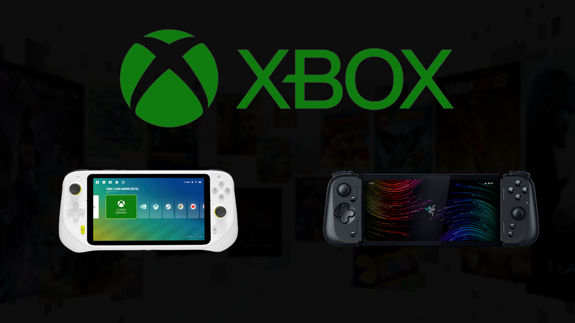 The Xbox logo positioned above the Logitech G Cloud and Razer Edge handheld consoles.