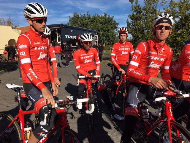 Pete Stetina and Bauke Mollema wait to roll our in the 2018 kit