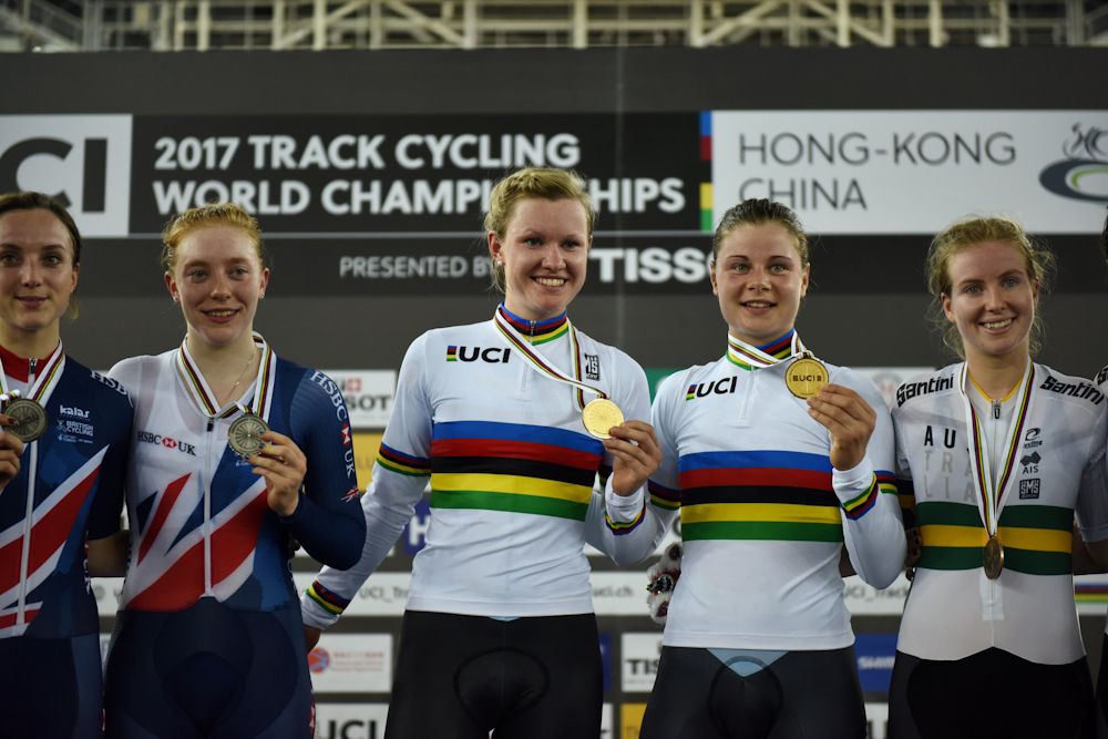 Britain's Elinor Barker, Emily Nelson, Belgium's Jolien D'hoore and Lotte Kopecky, Australia's Amy Cure and Alexandra Manly pose during the podium ceremony for the women's madison at the 2017 Track Cycling World Championships