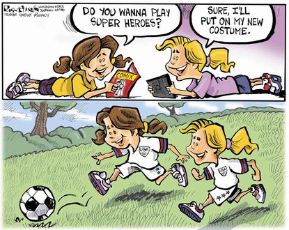 Editorial Cartoon U.S. USWNT Super Heroes FIFA Win