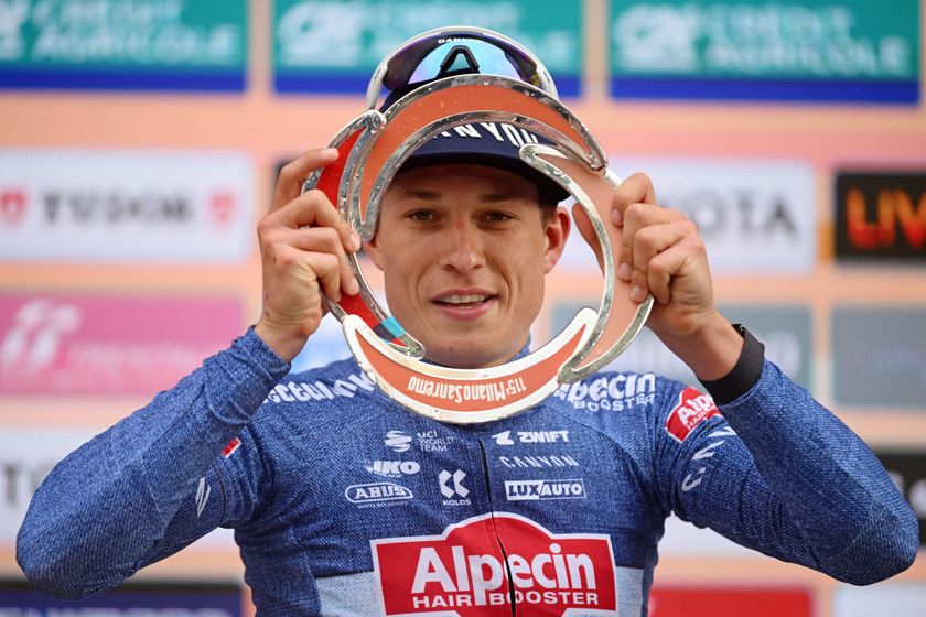 SANREMO ITALY MARCH 16 Jasper Philipsen of Belgium and Team Alpecin Deceuninck poses at podium as race winner during the 115th MilanoSanremo 2024 a 288km one day race from Pavia to Sanremo UCIWT on March 16 2024 in Sanremo Italy Photo by Dario BelingheriGetty Images