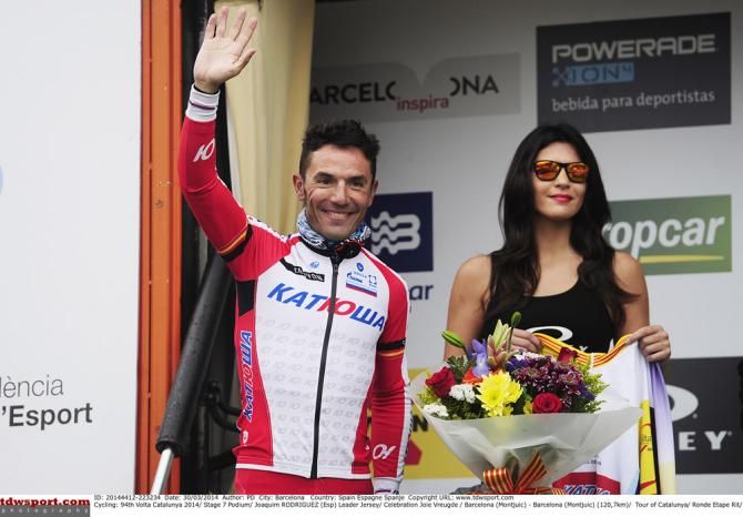 2014 Volta a Catalunya Joaquim Rodriguez (Katusha) heads to the podium to receive his final leader's jersey and trophy