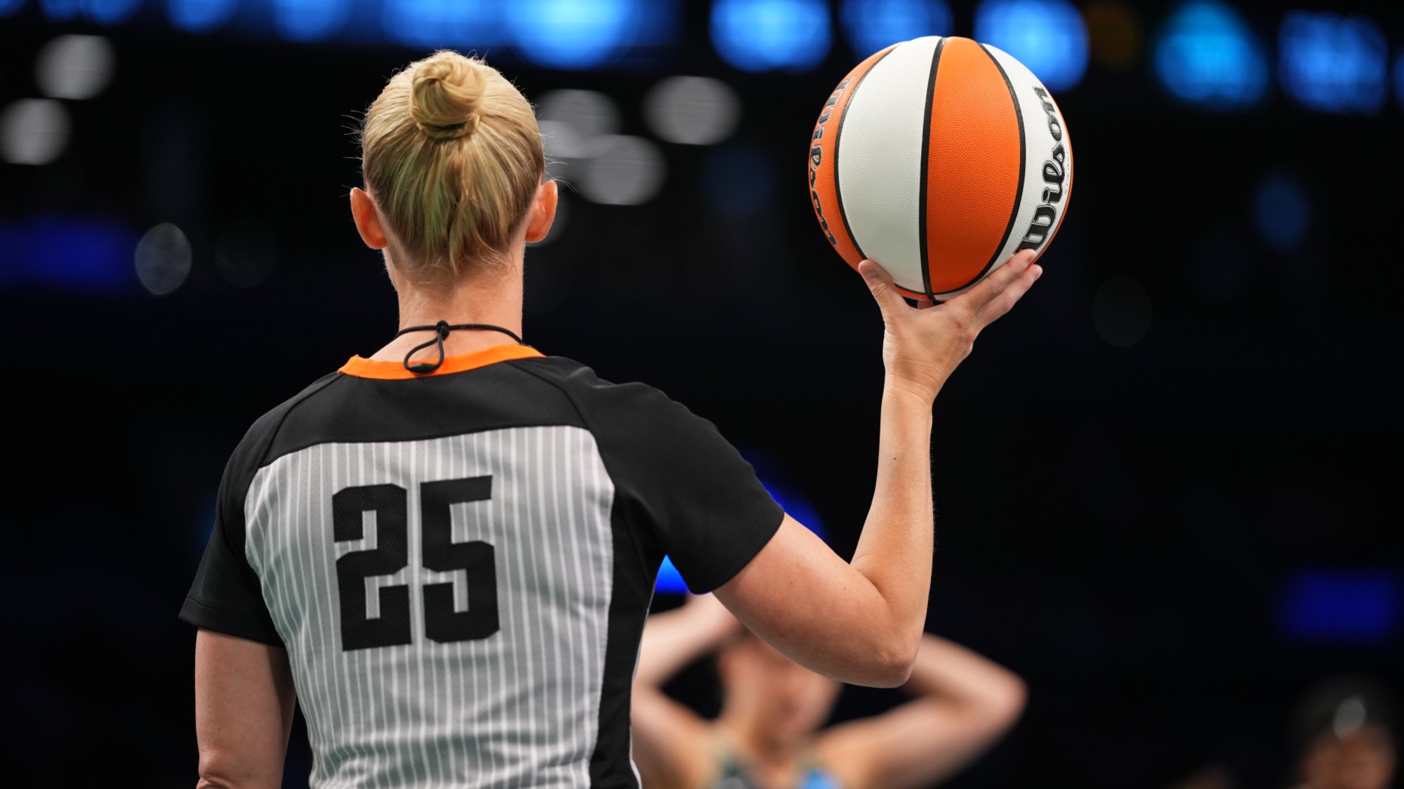 WNBA referee Kelly Broomfield #25 officiates the game between the Minnesota Lynx and the New York Liberty on July 28, 2023 at Barclays Center in Brooklyn, New York. 