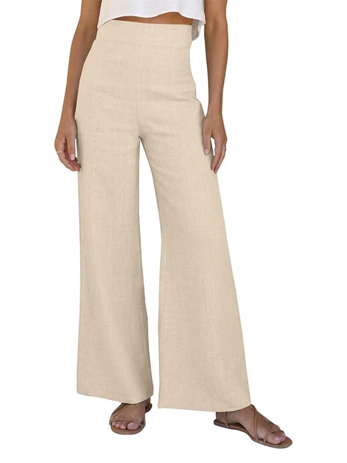 Vidiva, Vidiva Women Linen Wide Leg Pants Summer Elegant High Waist Loose Palazzo Pants Flowy Lounge Trousers Beach Travel Resort Vacation Clothes Beige-Medium
