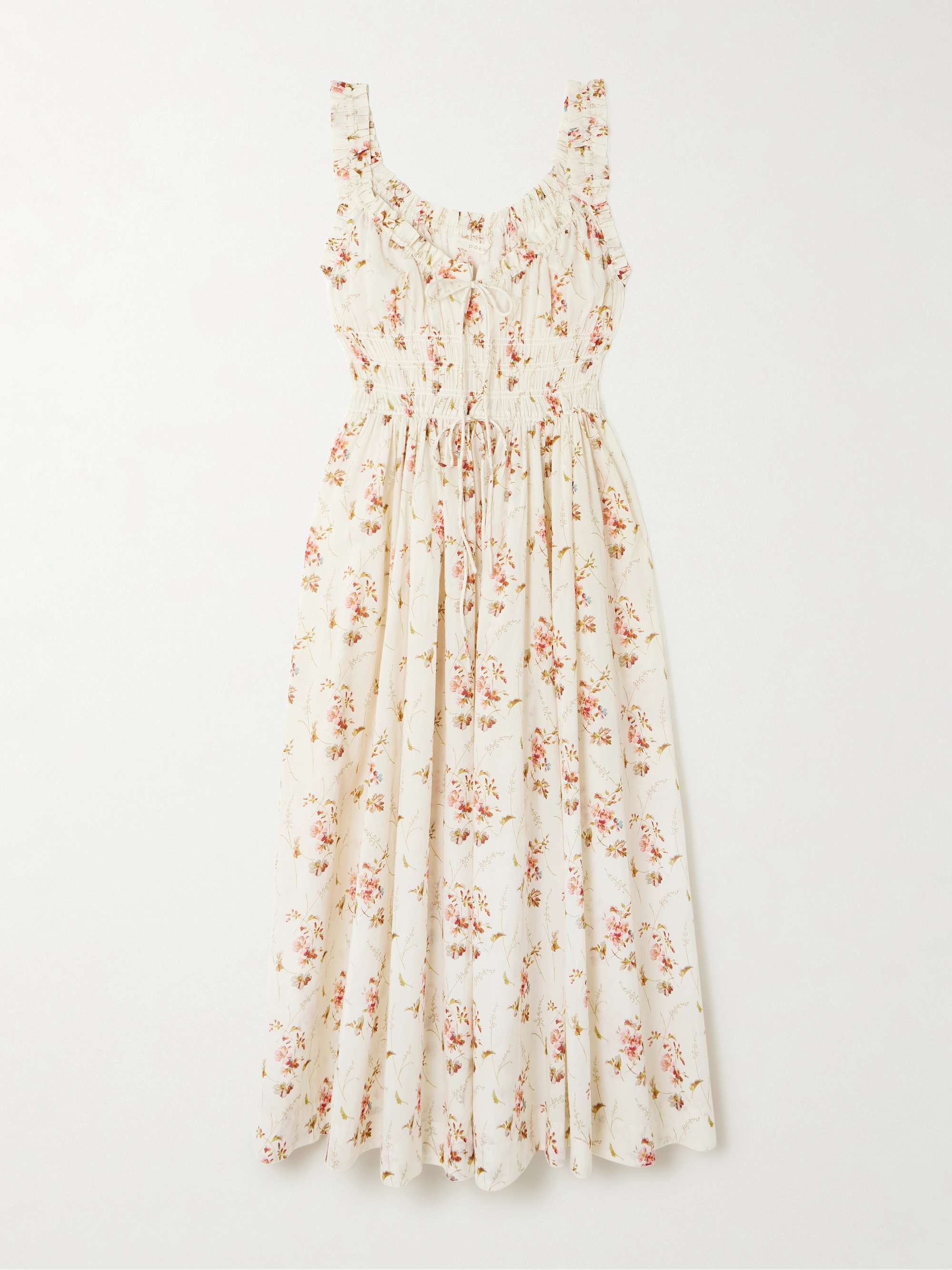 Emmaretta Tie-Detailed Shirred Floral-Print Organic Cotton Midi Dress