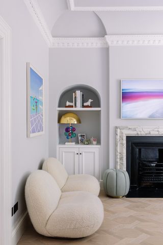 living room with alcove storage by Mylands