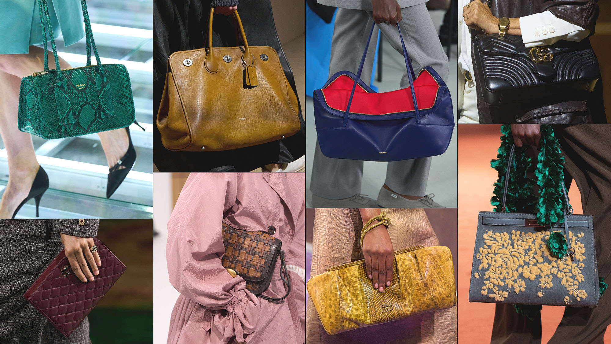 A collage of detail runway images featuring the major handbag trends of spring/summer 2027.
