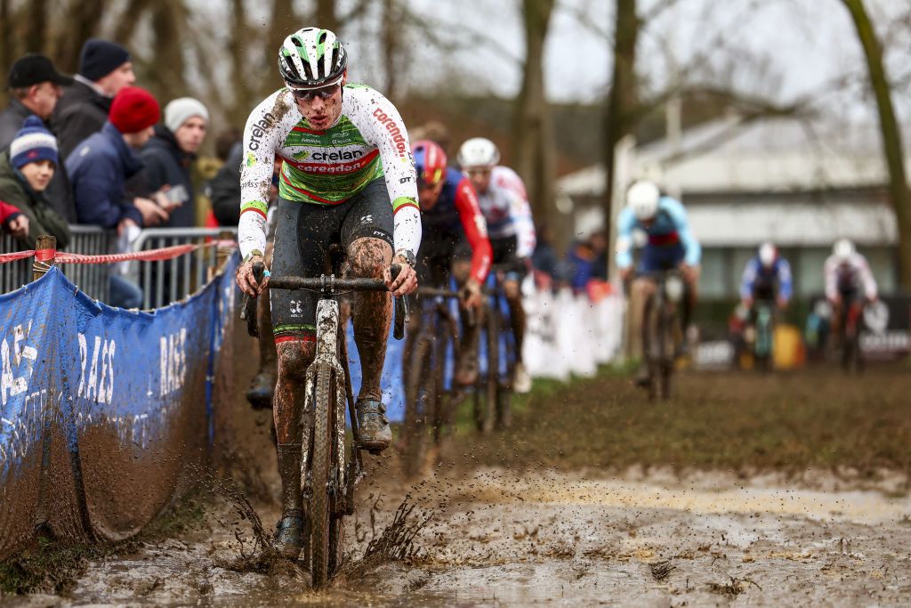Third placed Belgian Joran Wyseure competes in the Men's Elite race at the UCI World Cup cyclocross competition in Gullegen on January 6, 2024. (Photo by DAVID PINTENS / Belga / AFP) / Belgium OUT