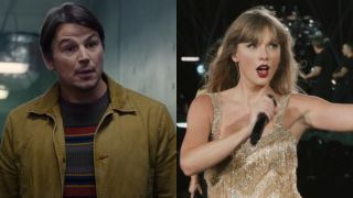 From left to right: Josh Hartnett in Trap looking shocked and Taylor Swift singing with her arm up in The Eras Tour.