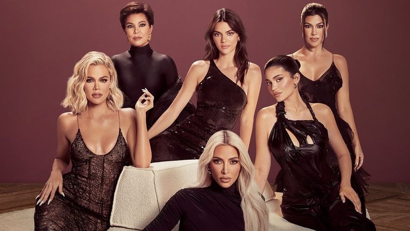 Kim, Khloe, Kris, Kylie, Kourtney and Kendall pose in black evening wear for The Kardashians season 6 reality TV show 