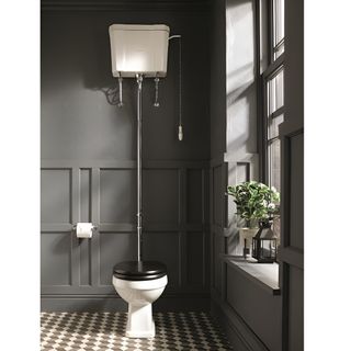 A traditional flush toilet with a black toilet seat