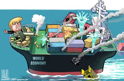 Political cartoon U.S. Trump world trade war economy sinking