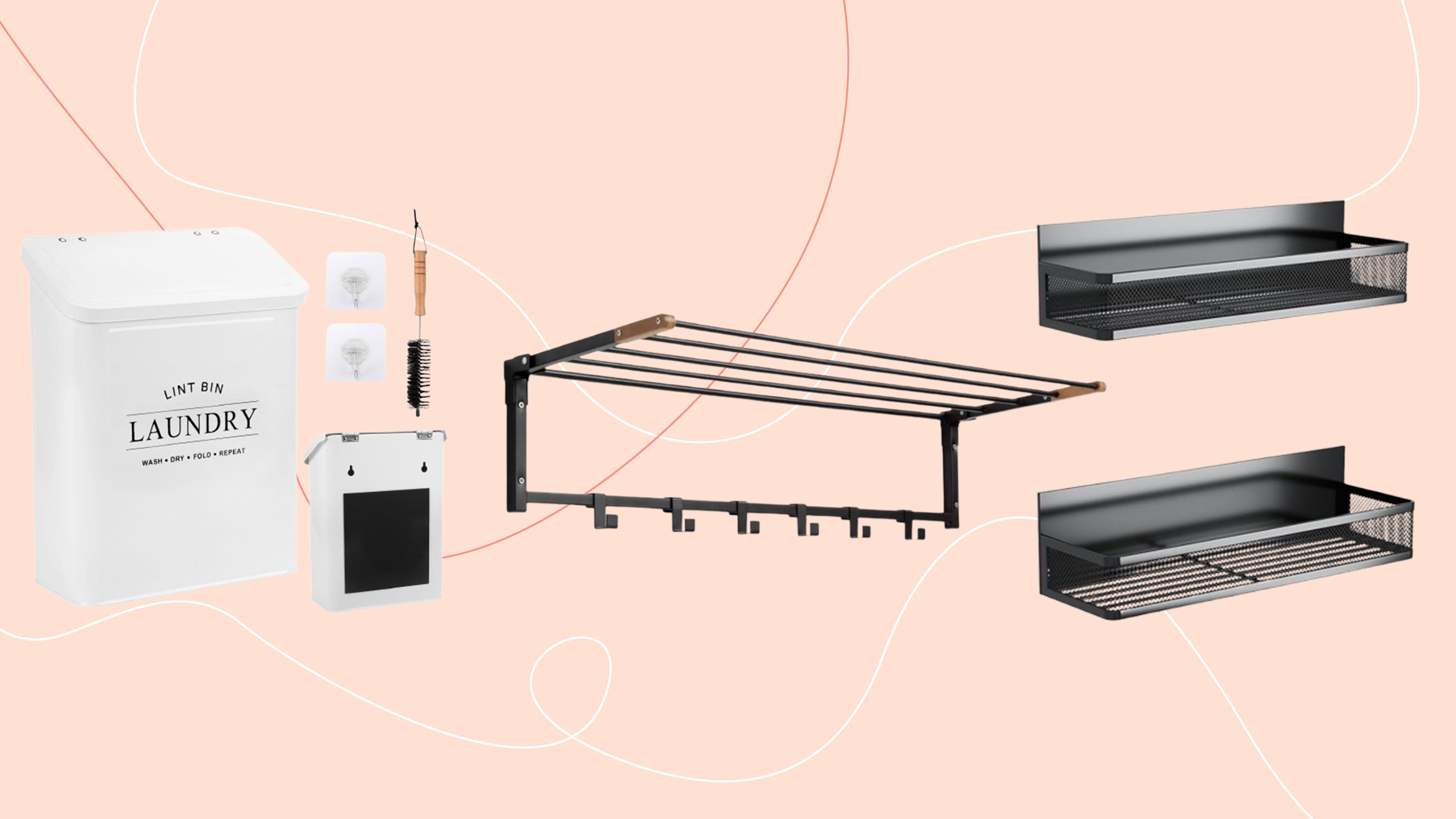 Cut out image of a white metal lint box, black clothes airer and black wall-mounted shelves on a pink background
