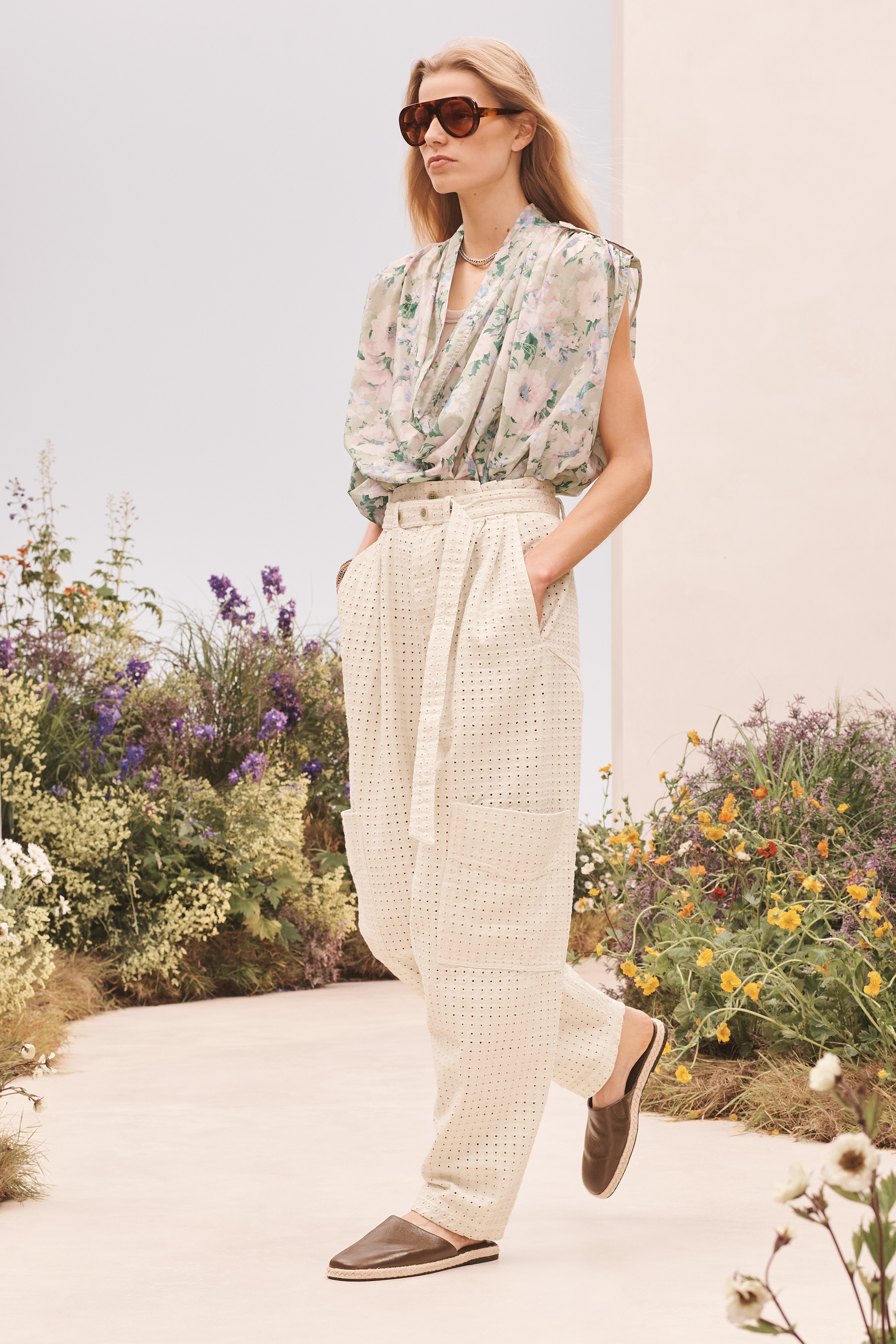 A model wearing a summer outfit from the Zara SRPLS FLWRS fashion collection