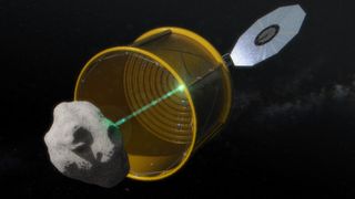 In this concept image, the robotic vehicle deploys an inflatable bag to envelop a free-flying small asteroid before redirecting it to a distant retrograde lunar orbit.
